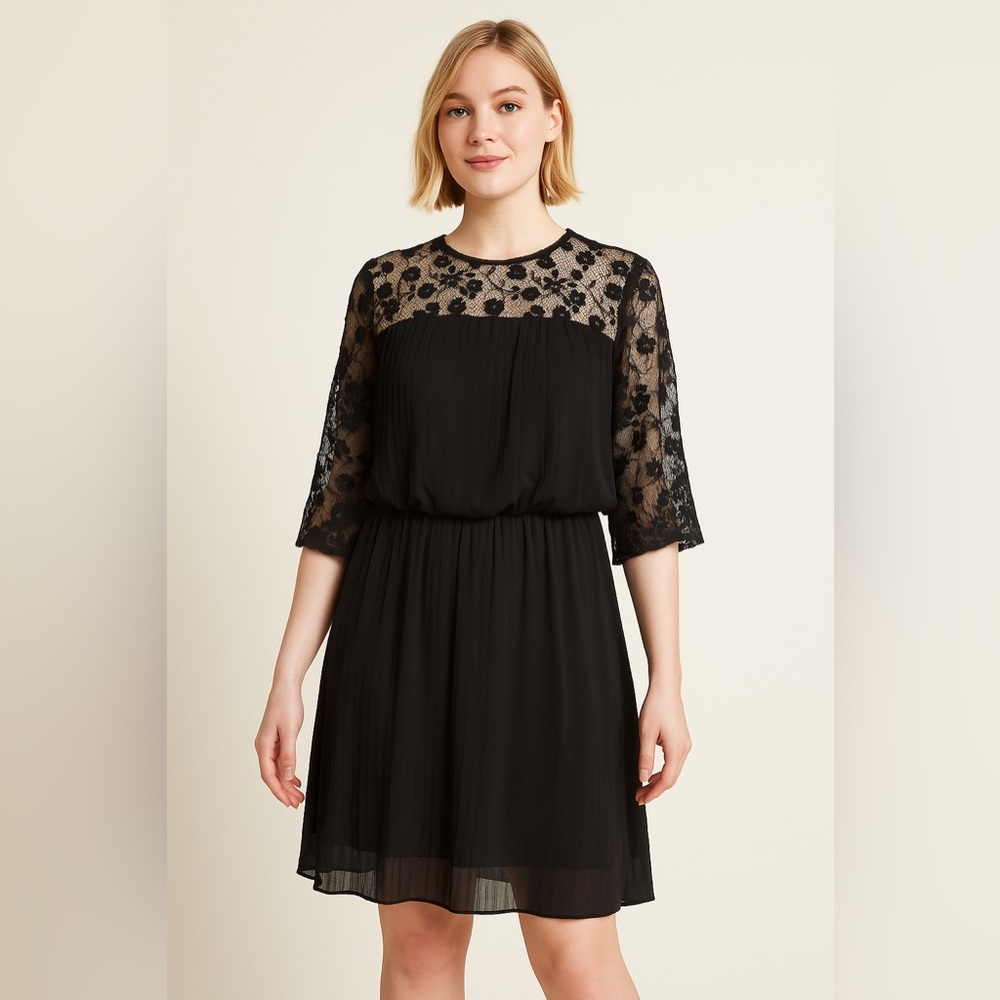Size 6 ModCloth Black Tiered Dress Mesh Lace Sheer Sleeves Stretchy
